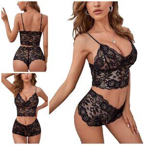Floral Lace Pajamas Sexy Lingerie Set High Waist Sleepwear Bra and Panty 2Piece